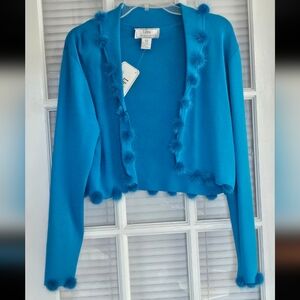 Blue Women's Cardigan with Pom Pom Accents